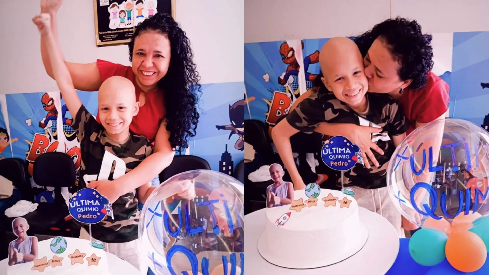 Foto de celebração infantil com tema do Homem-Aranha, com uma criança e uma mulher, mostrando alegria, presença de bolo e decoração colorida.