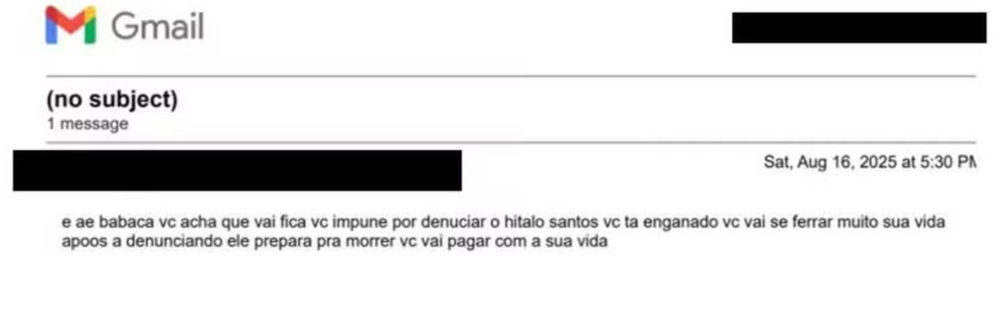 Ameaças enviadas a Felca por e-mail da empresa Google