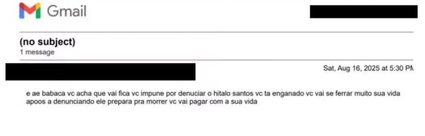 Ameaças enviadas a Felca por e-mail da empresa Google