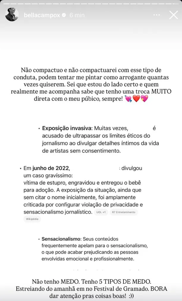 Bella Campos fez menção ao caso envolvendo a conduta adotada por Leo Dias com relação a atriz Klara Castanho