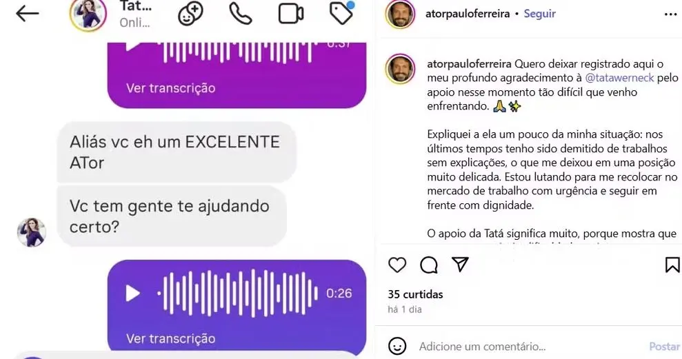 Prints de conversa entre Tatá Werneck e Paulo Ferreira