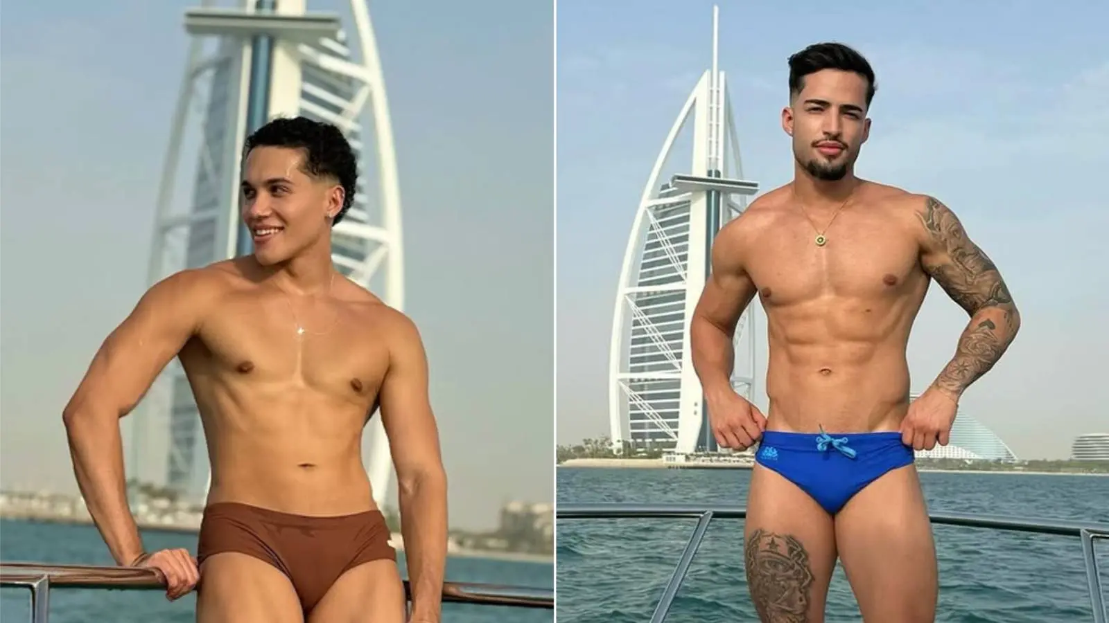 Imagem mostra montagem com foto, à esquerda, de Yago Luiz de Campos e Silva e, à direita, Ryan Silveira, ambos usando sunga com paisagem de Dubai ao fundo. Brasileiro Yago foi encontrado morto em piscina de hotel na Grácia ao lado de Ryan, que sobreviveu.