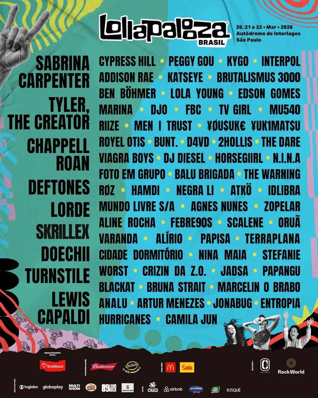 Cartaz oficial do Lollapalooza Brasil 2026 destacando os principais nomes do lineup, com data de realização em São Paulo, incluindo artistas como Sabrina Carpenter, Tyler, The Creator, Deftones e Lil Nas X.