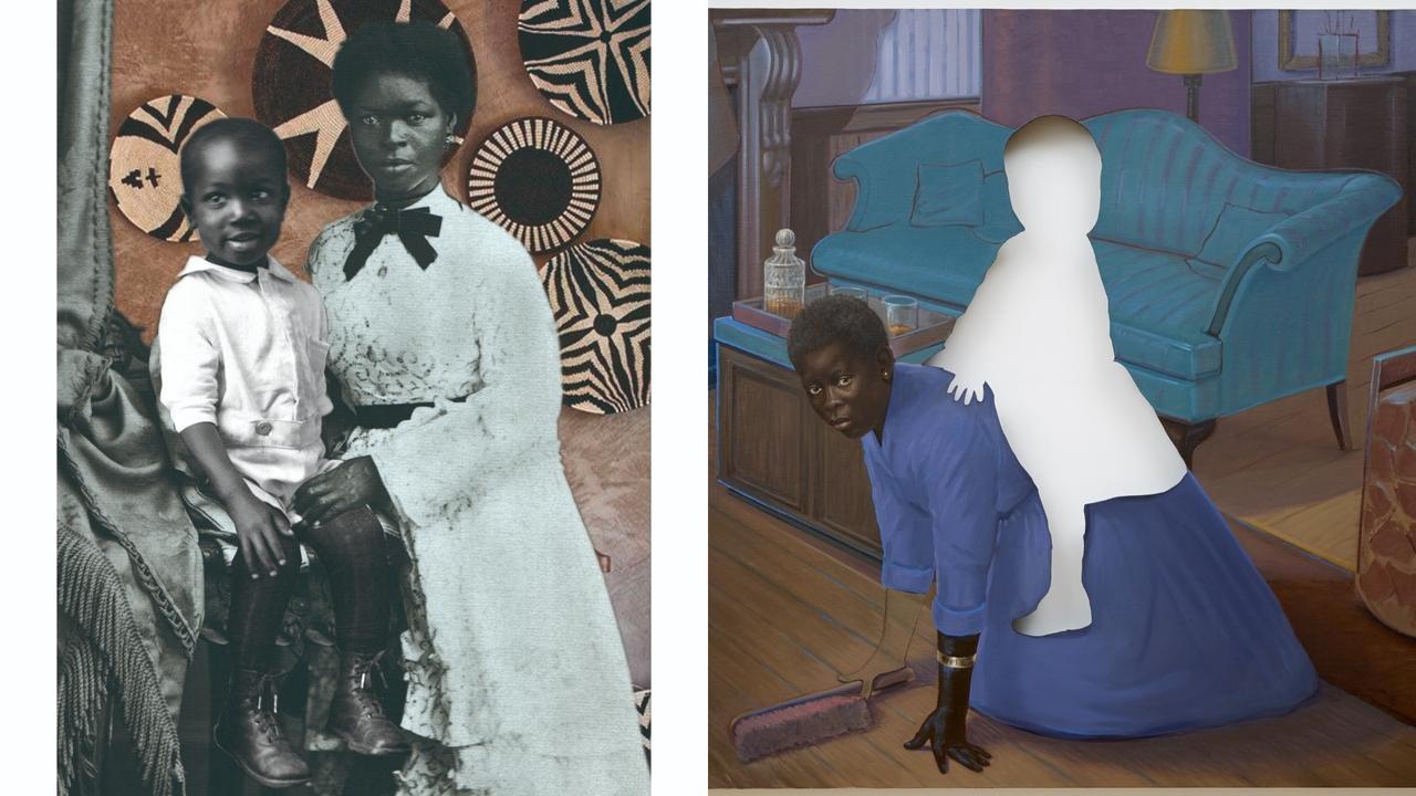 'Reintegração de Leite', de Eliana Amorim, parte de um retrato de 1874 de uma ama-de-leite para refletir sobre maternidade; já a pintura 'Space to forget', de Titus Kaphar, usa foto de 1889 que mostra uma criança branca montada em uma mulher negra