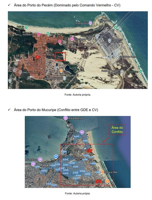 Print de relatório mostra mapas do Pecém e da região do Vicente Pinzón e quais facções criminosas atuam em cada região