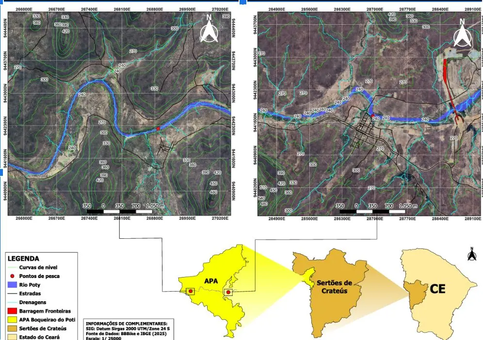 Mapas descrevendo os pontos de coleta, o percurso do rio e o desmatamento das margens