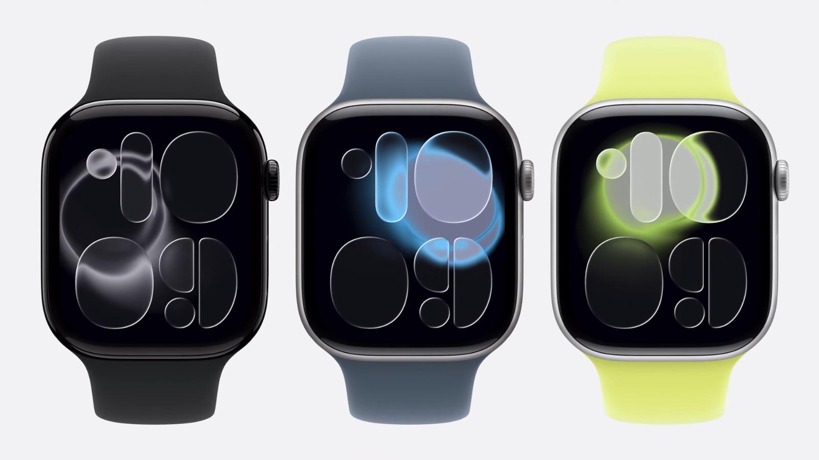Os relógios inteligentes  Apple Watch Series 11, nas cores preto, grafite e verde