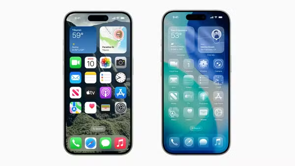 Comparação entre os modelos de sistemas, do iOS 18 para o iOS 26, com efeito translúcido