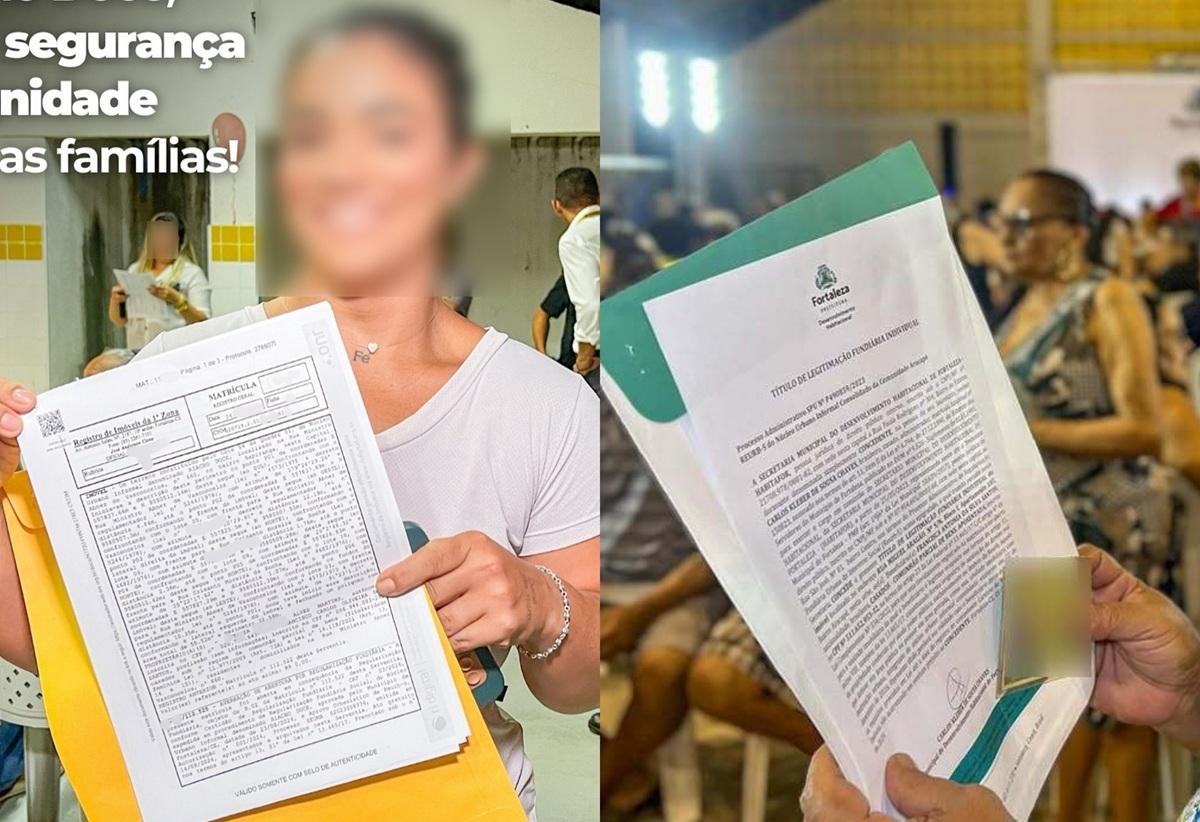 Montagem com duas fotos mostrando pessoas segurando documentos. À esquerda, uma mulher exibe uma matrícula de imóvel impressa em preto e branco. À direita, outra pessoa segura um título de legitimação fundiária emitido pela Prefeitura de Fortaleza