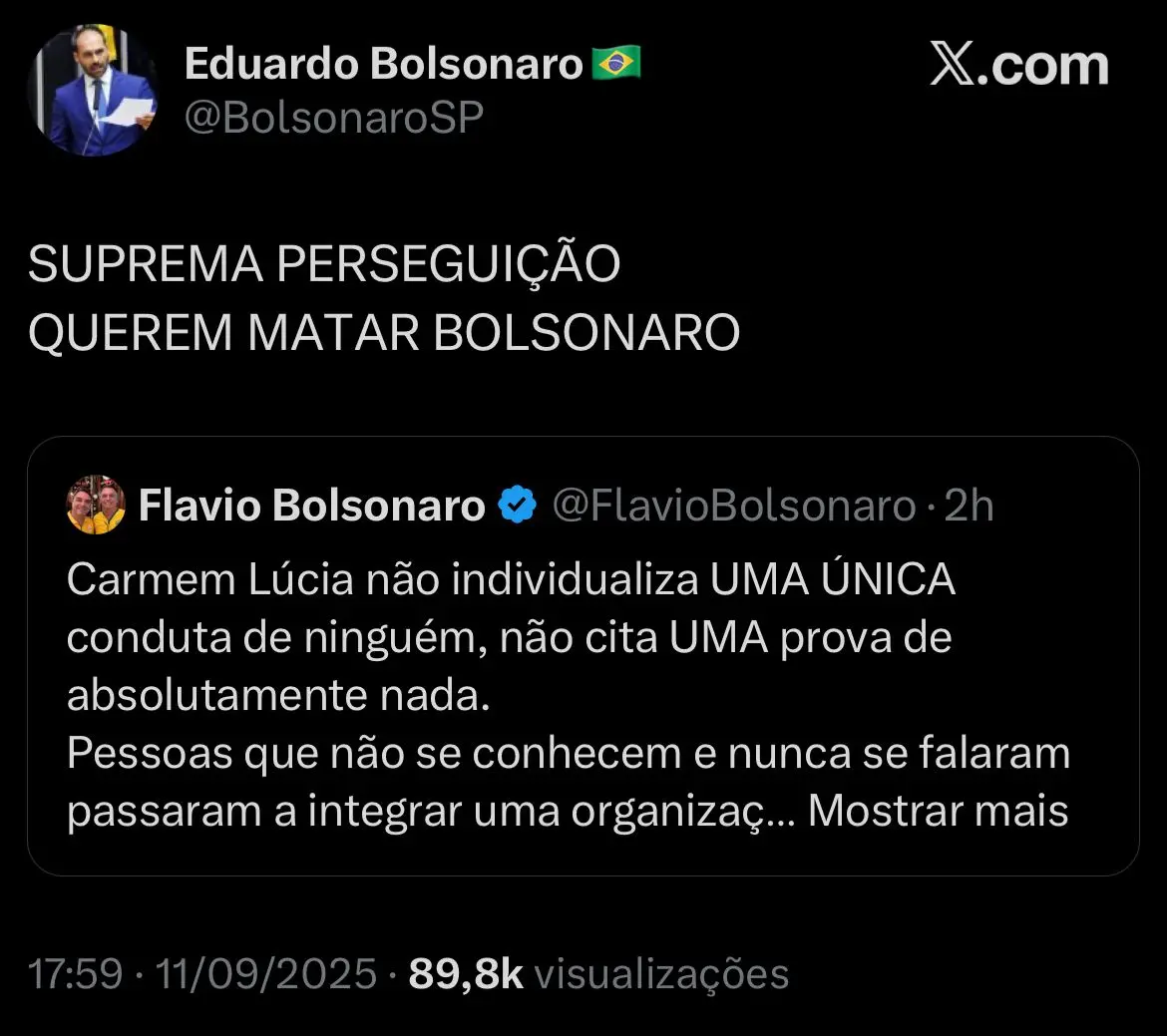 print de publicação de Eduardo no X criticando condenação de Jair Bolsonaro