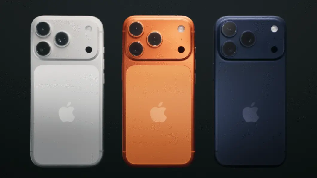 Imagem mostra três aparelhos Iphone 17 pro max em diferentes cores, ilustrando preço do modelo no Brasil