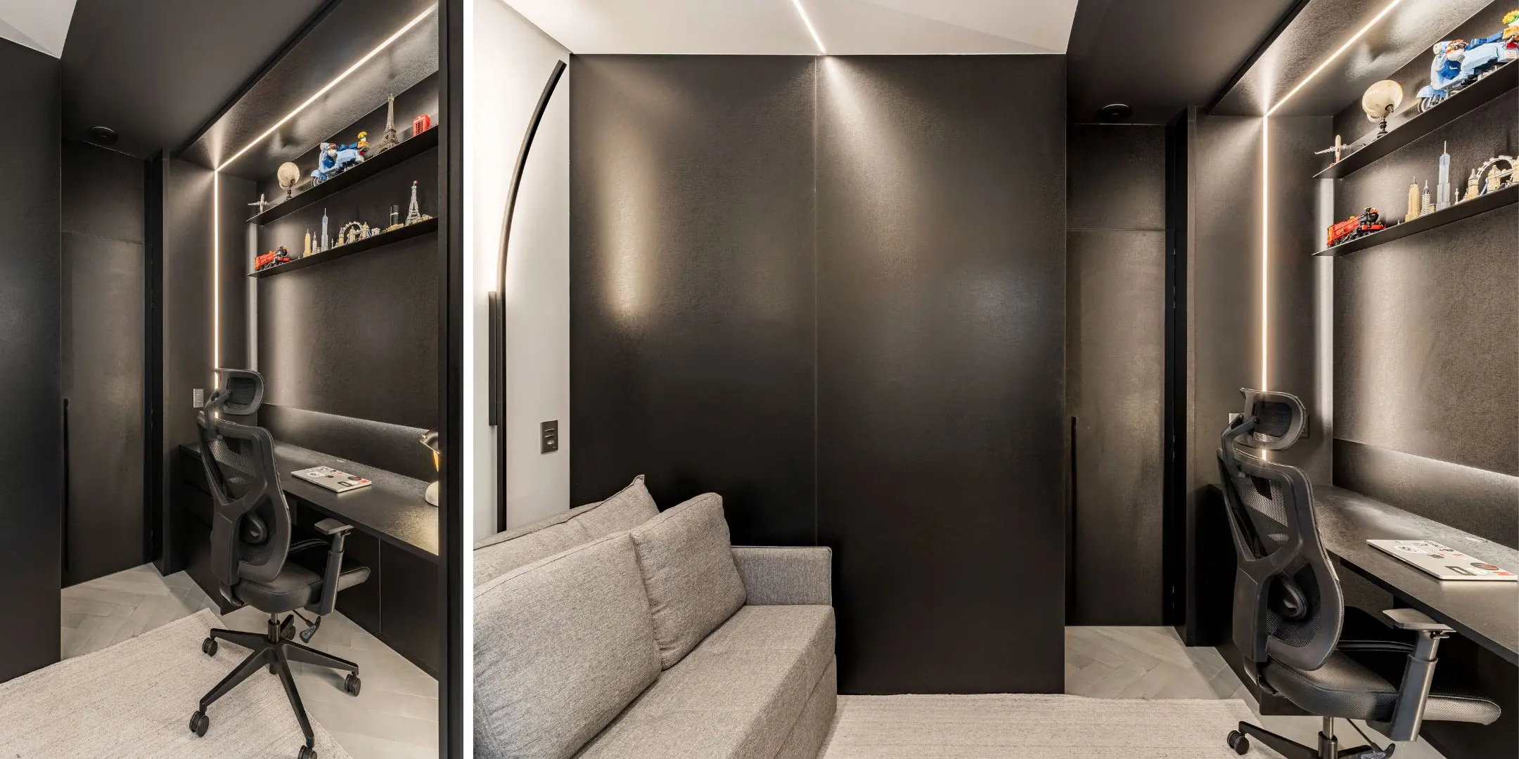 O home office no quarto de hóspedes é uma realidade de muitos. Acompanhando a marcenaria preta, uma bancada suspensa provê as condições para os momentos de trabalho do morador no projeto do Spaço Interior