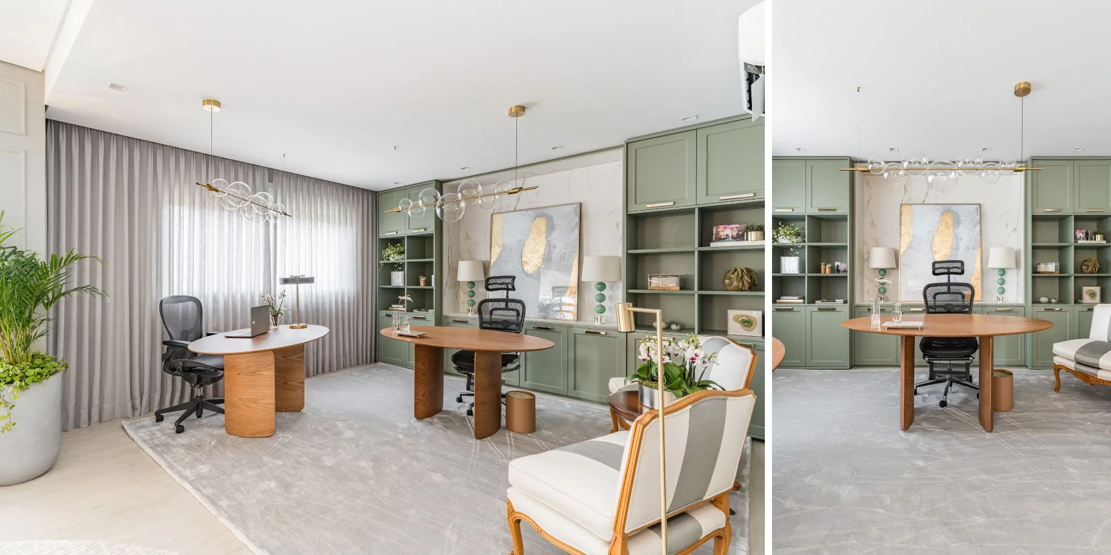 Aqui, o home office se conecta com a área social. A arquiteta Ana Rozenblit trabalhou com boiserie, armários com frentes de portas e gavetas almofadas, além de mobiliário de linhas orgânica. Fotos