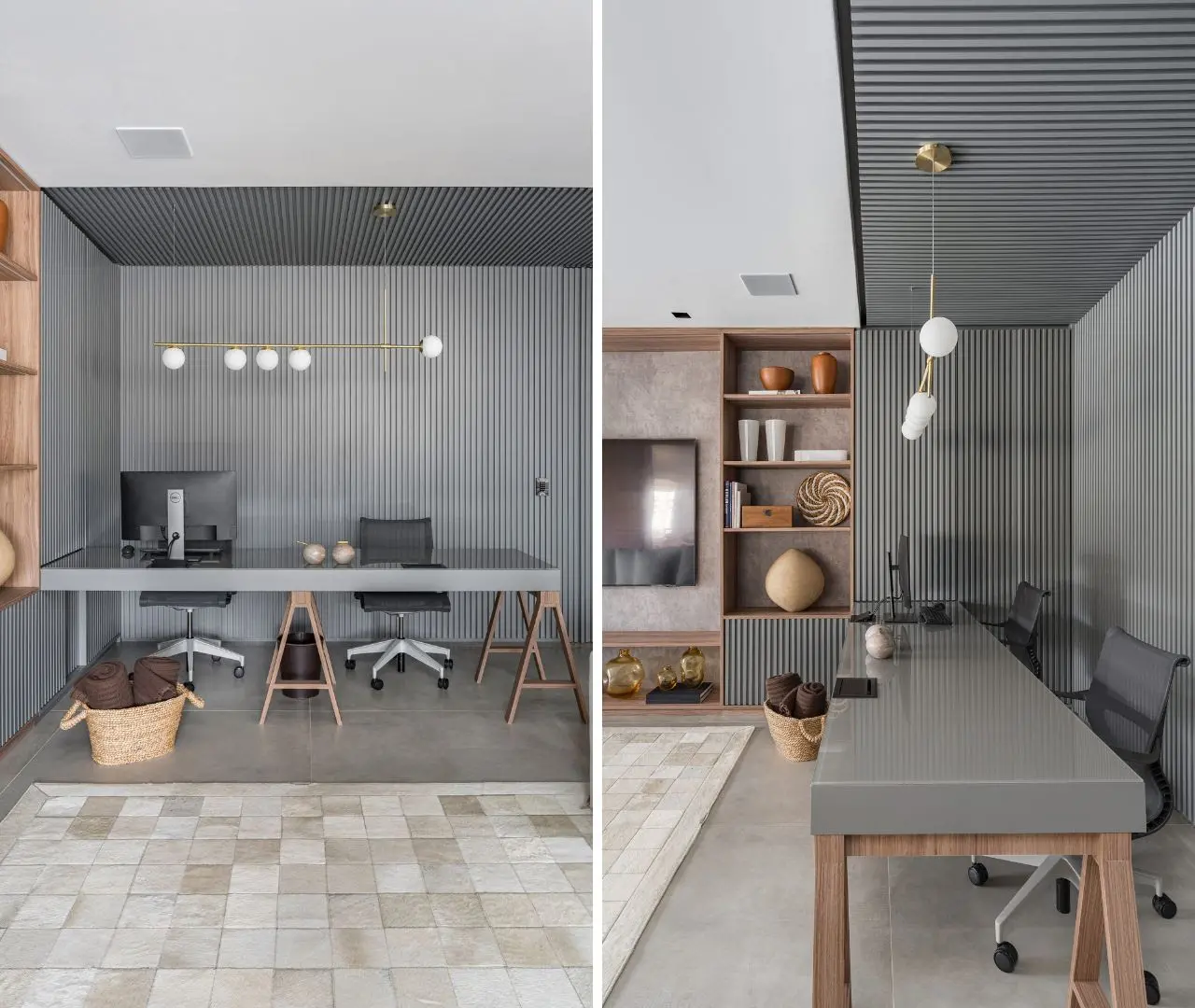 A arquiteta Ana Rozenblit inseriu uma bancada dupla para o trabalho em casa e sua cor se harmoniza com o efeito ripado presente na marcenaria do ambiente