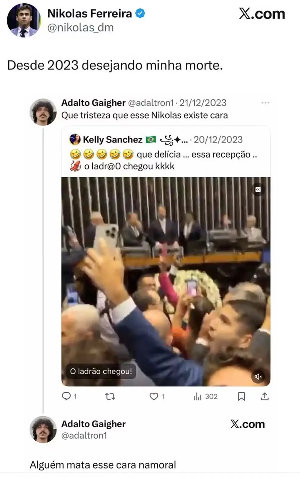 print de ameças de estudante ao deputado Nikolas Ferreira