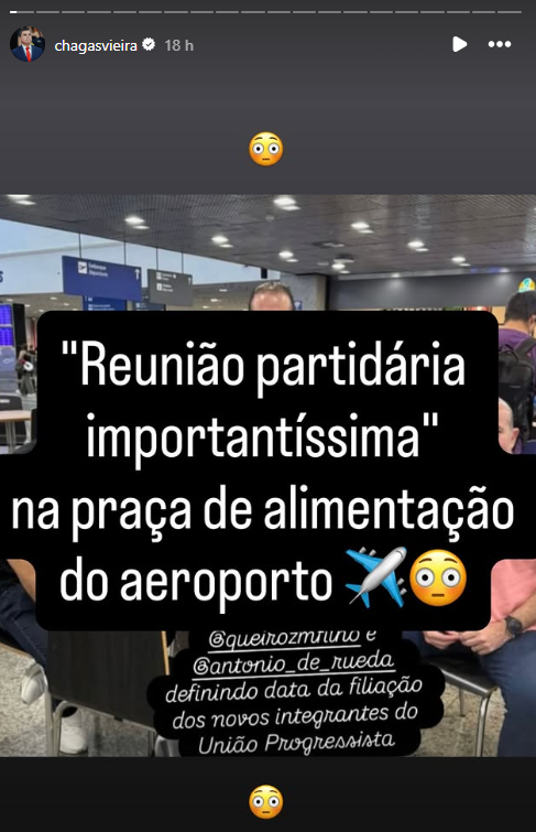 Print mostra postagem de Chagas Vieira ironizando encontro da oposição com Antônio Rueda no Aeroporto de Fortaleza