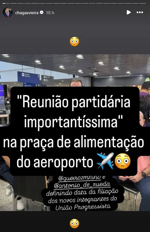 Print mostra postagem de Chagas Vieira ironizando encontro da oposição com Antônio Rueda no Aeroporto de Fortaleza