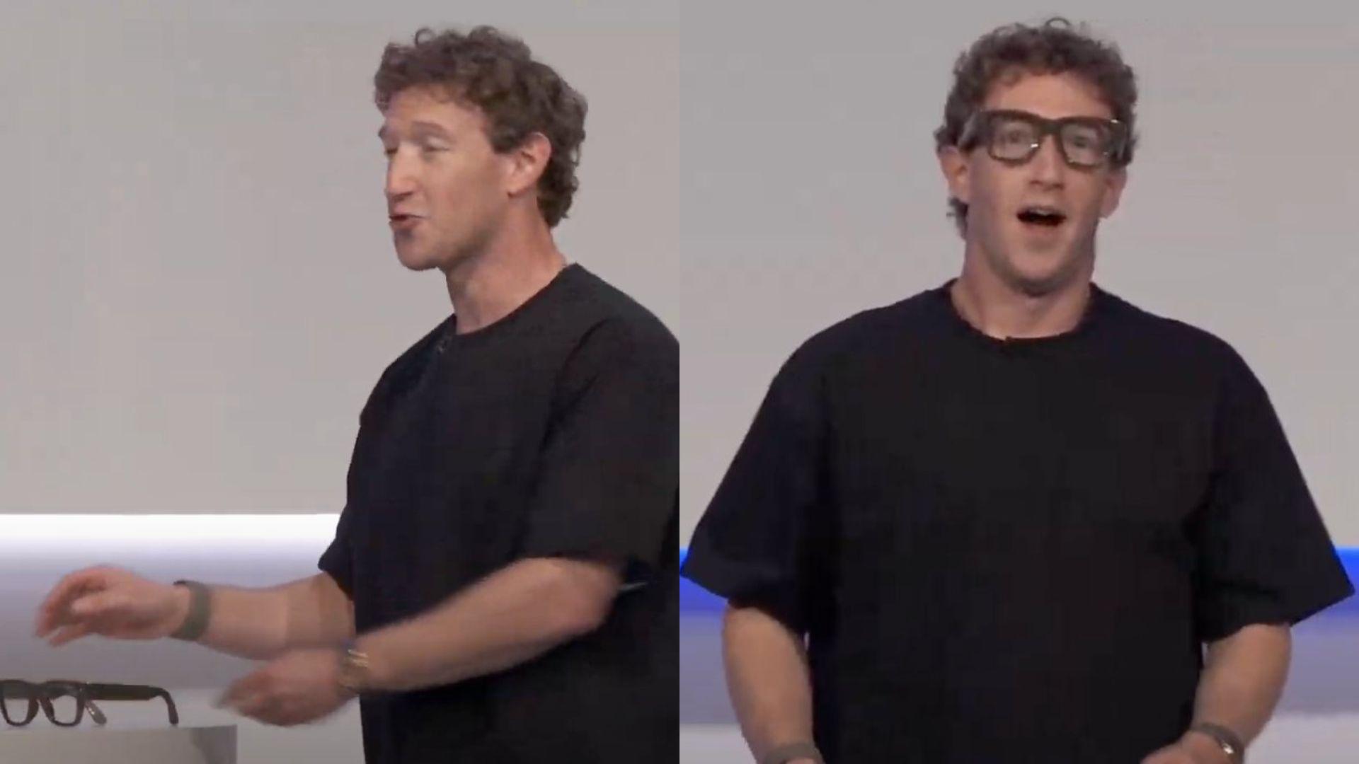 Mark Zuckerberg, dono da Meta, pega o óculos com tecnologia IA e, andando pelo palco, o coloca no rosto antes das falhas acontecerem.