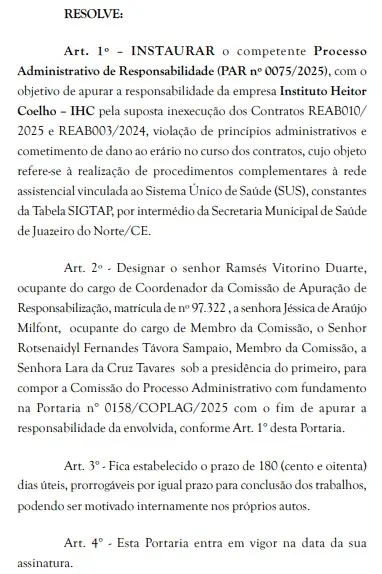 Trecho da publicação no Diário Oficial de Juazeiro do Norte em que a Prefeitura Instaura a procedimento investigativo