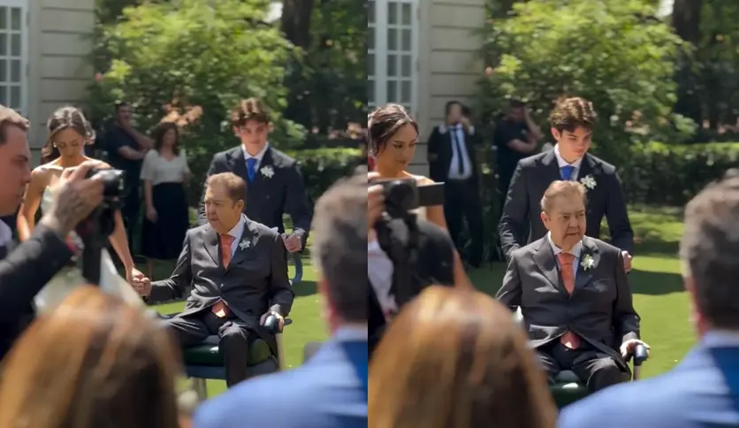 Montagem com duas imagens do apresentador Faustão entrando com a filha, Lara, no casamento dela.