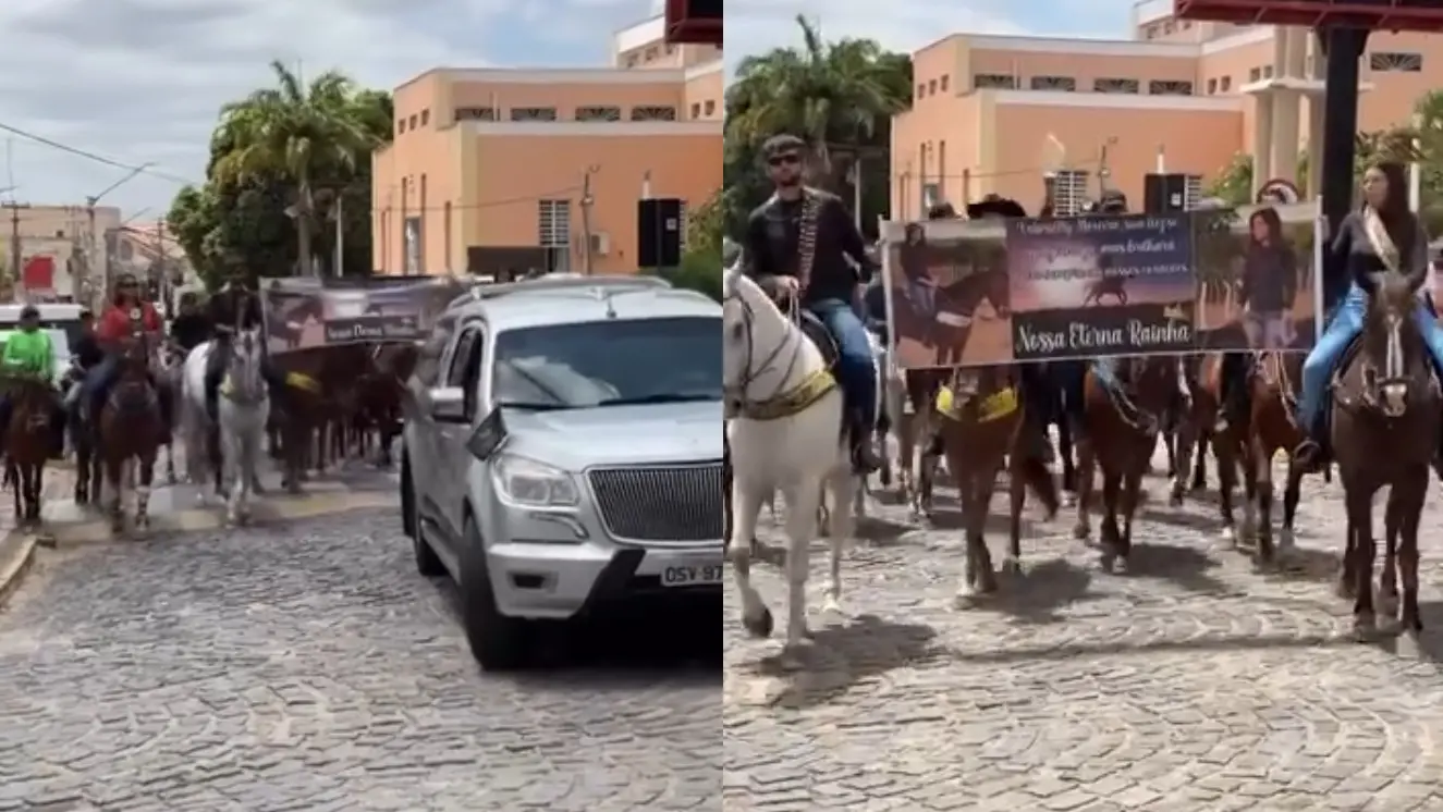 Pessoas prestam homenagem em Pedra Branca, interior do Ceará, pelo falecimento de Gabrielly Moreira, em caminho percorrido a cavalo, de carro, de moto ou a pé.