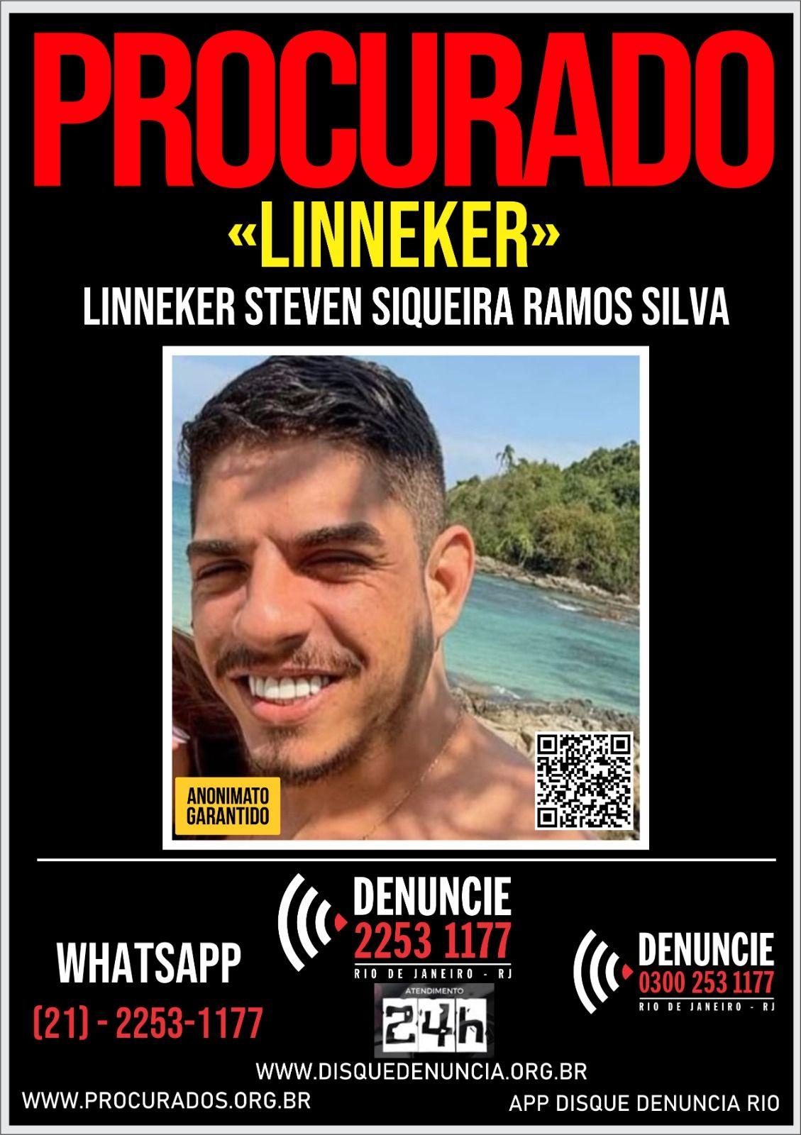 Cartaz de denúncia de pessoa procurada chamado 'Linneker' com foto, código QR, telefones para denúncia e informações de anonimato.