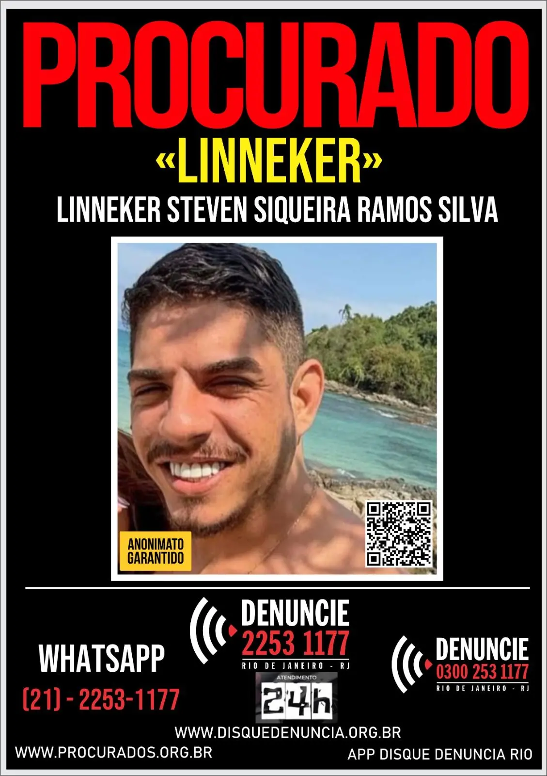 Cartaz de denúncia de pessoa procurada chamado 'Linneker' com foto, código QR, telefones para denúncia e informações de anonimato.