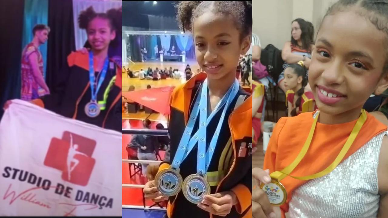 Uma colagem com três fotos com a bailarina Luiza Aguiar segurando as medalhas que ganhou em suas competições