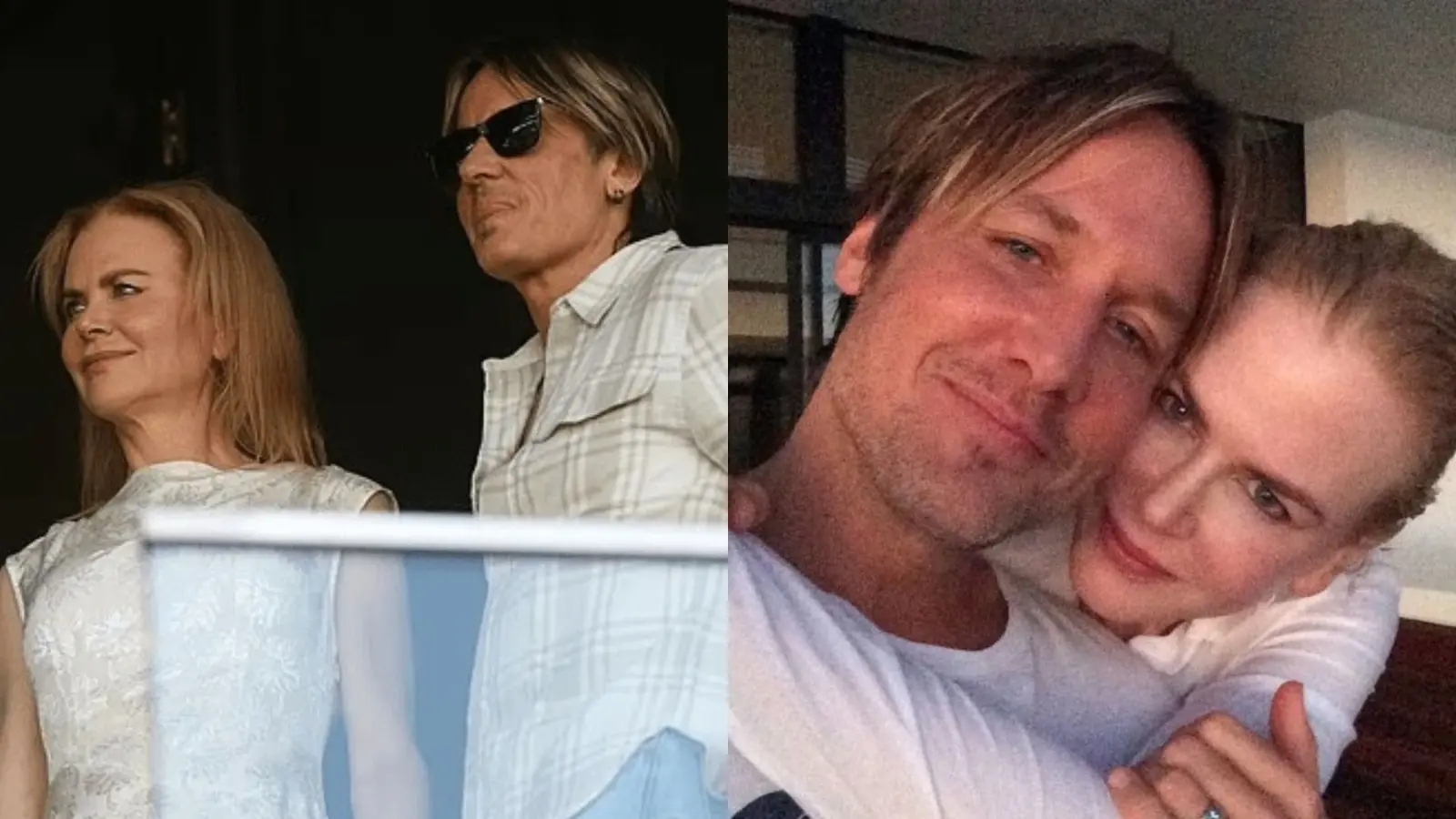 Nicole Kidman e Keith Urban em uma sacada de um hotel, usando roupas brancas. Em outra foto, o mesmo casal sorri, fazendo uma selfie.