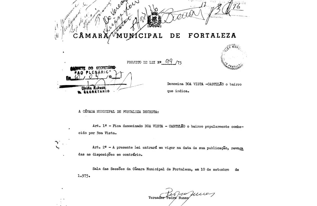 Projeto de Lei que mudou o nome do bairro Castelão, assinado pelo vereador Pedro Nunes