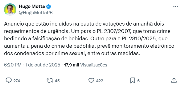 Print de post da rede social 'X' do deputado Hugo Motta, com os dizeres 