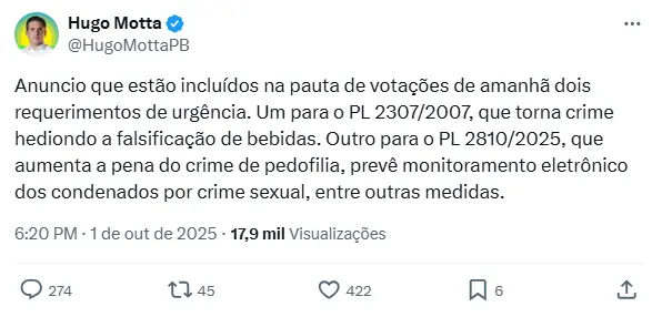 Print de post da rede social 'X' do deputado Hugo Motta, com os dizeres 