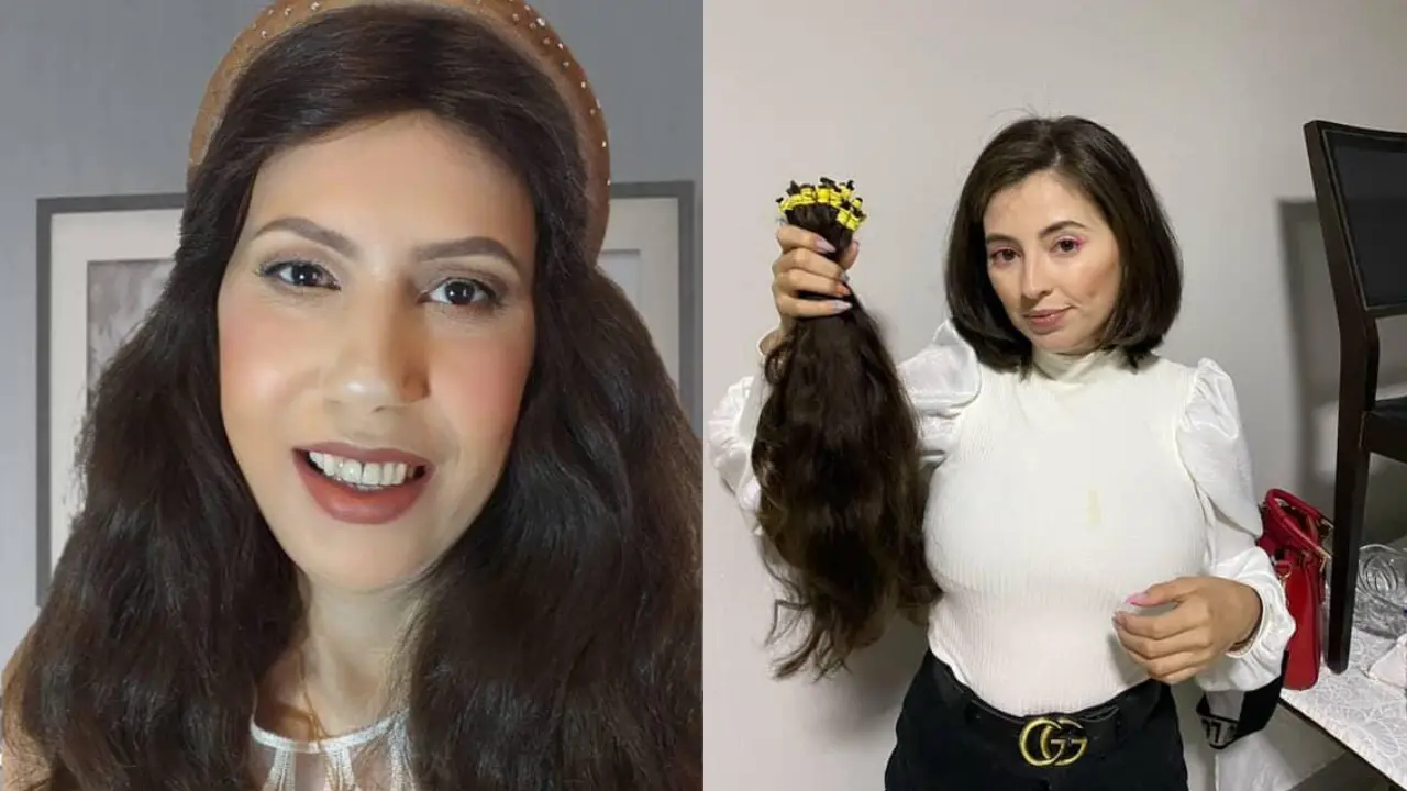 Uma montagem do lado esquerdo está Neide com a peruca que ganhou de sua afilhada, do lado direito a afilhada segura o cabelo usado na peruca