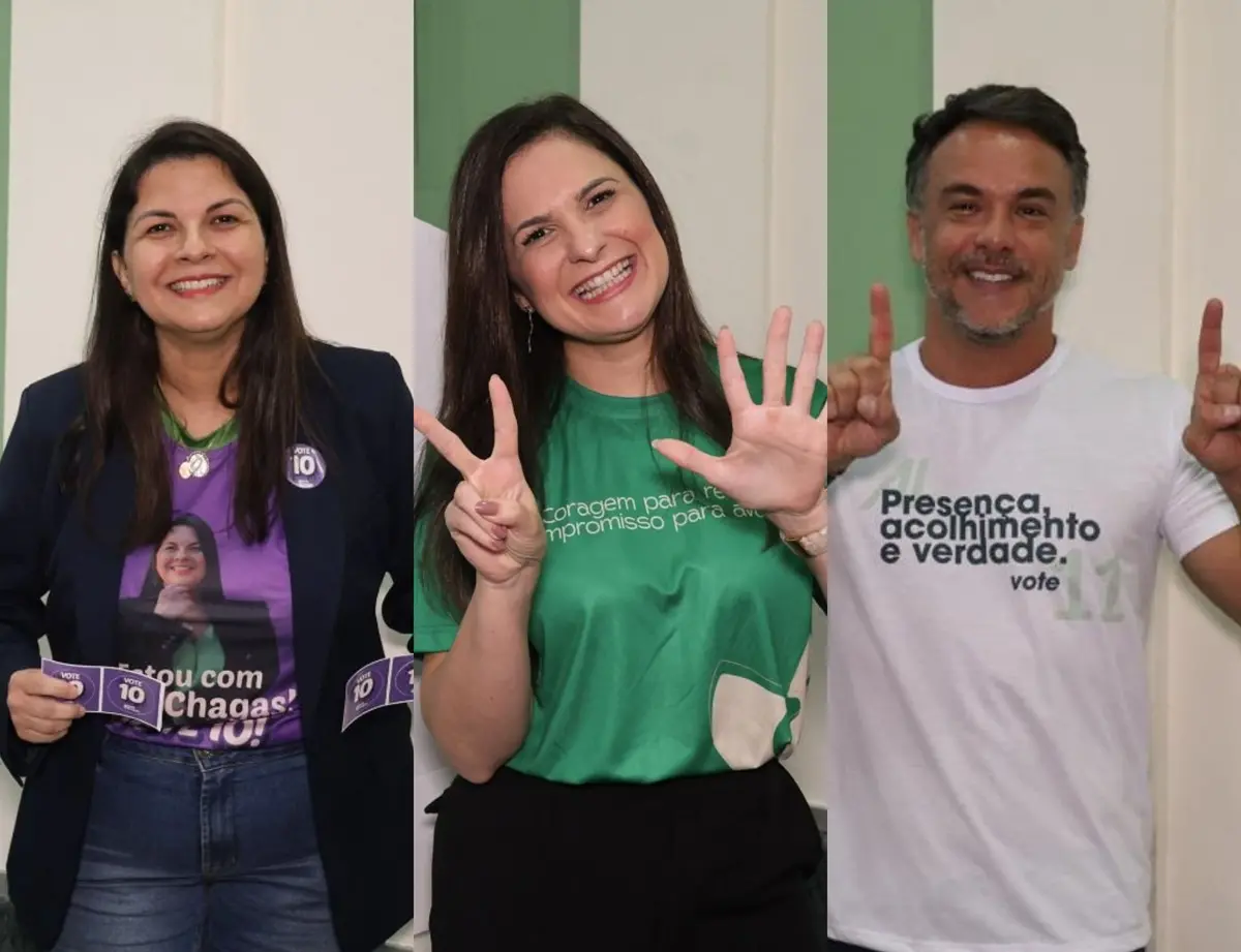 Montagem com três candidatos sorridentes posando após a votação. À esquerda, Elizabeth Chagas com camiseta roxa estampada com sua imagem e o número 10. No centro, Sâmia Farias de camiseta verde exibindo os dedos em sinal de “7”. À direita, Adriano Leitinho de camiseta branca com o texto “Presença, acolhimento e verdade. Vote 11”, mostrando com as mãos o número 11.