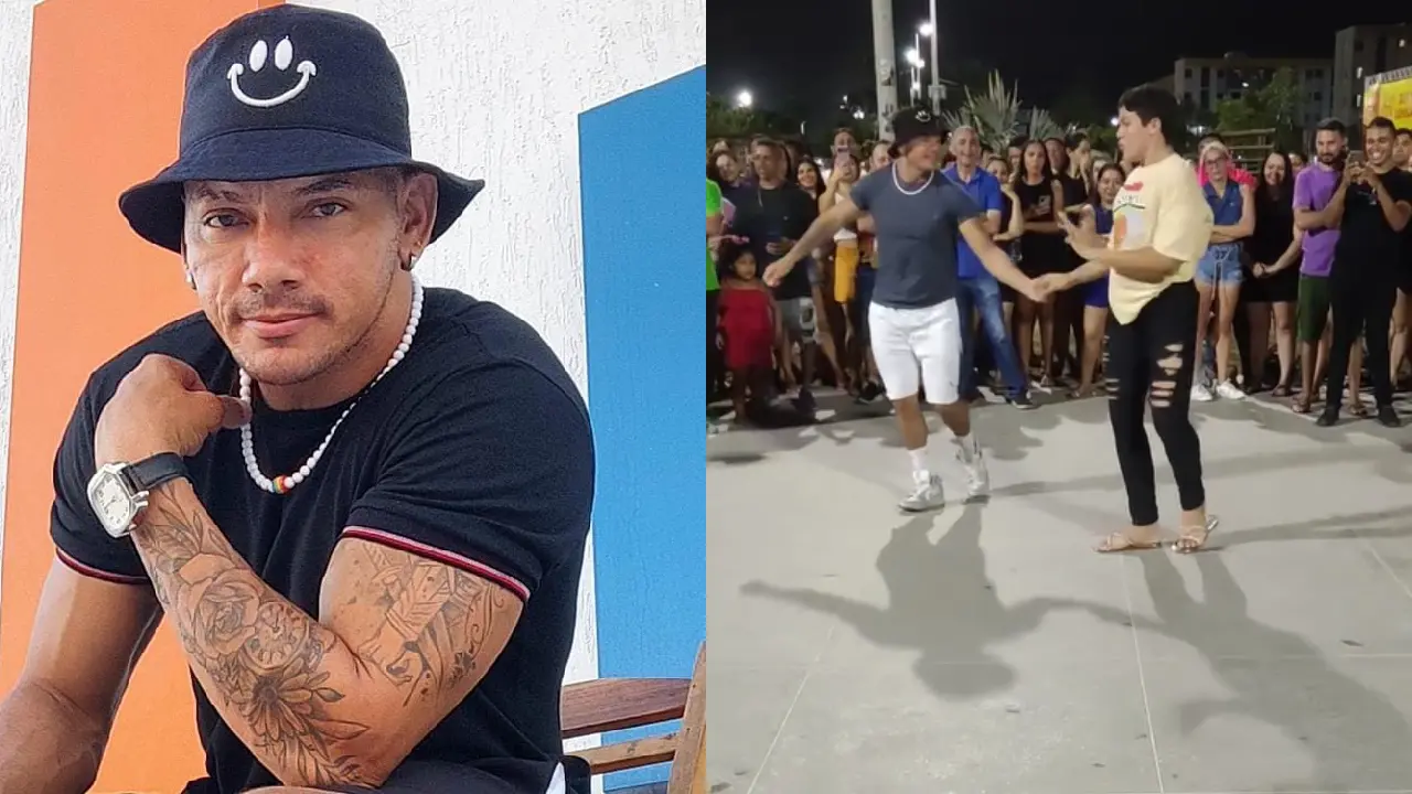 Uma montagem com duas imagens, do lado esquerdo o dançarino está posando para foto e do lado direito o dançarino está dançando em meio a uma multidão