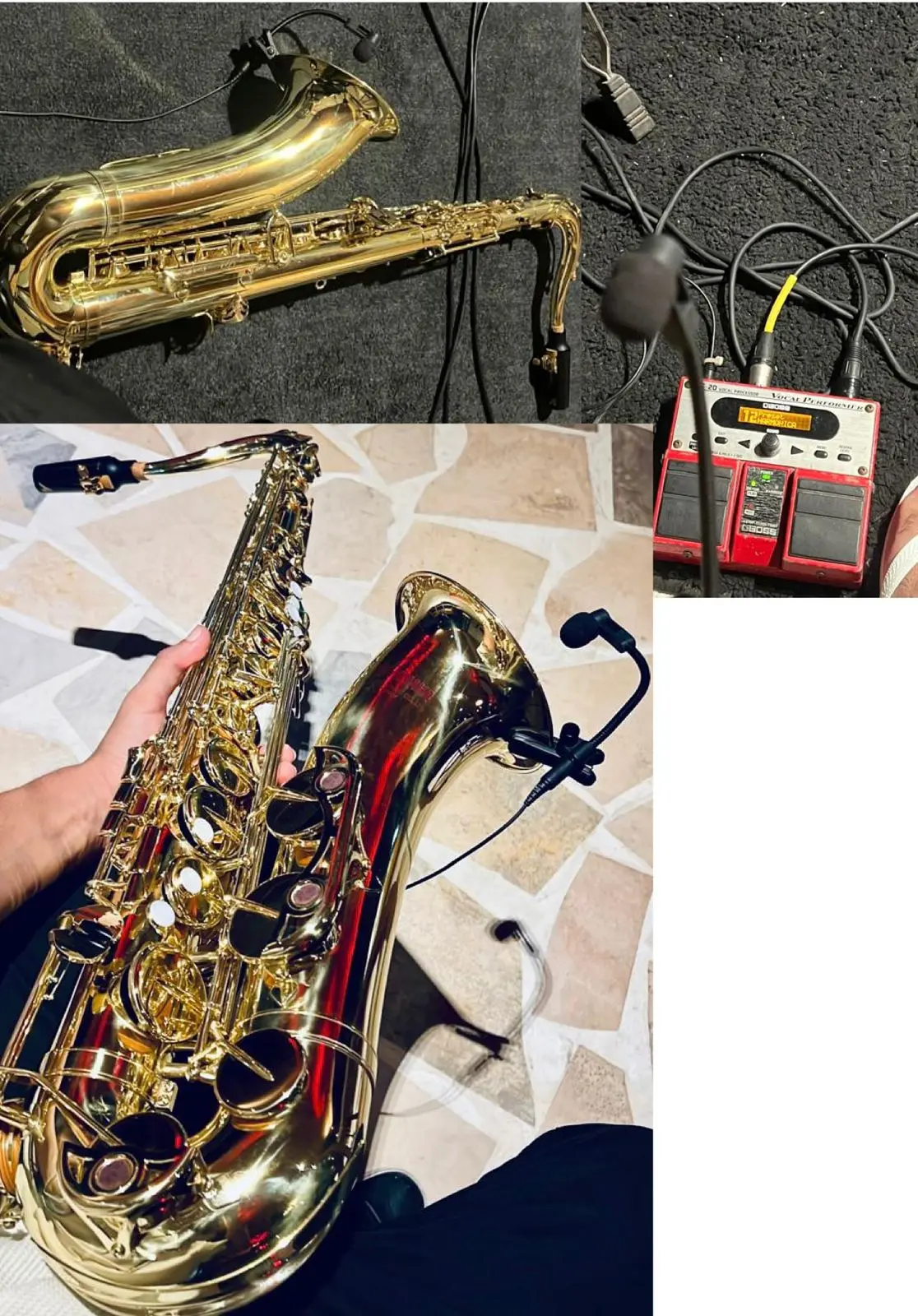 Saxofone dourado em destaque, ligado a um pedal de efeitos e acessórios musicais. Microfone preto ligado por um fio até sua caixa vermelha.