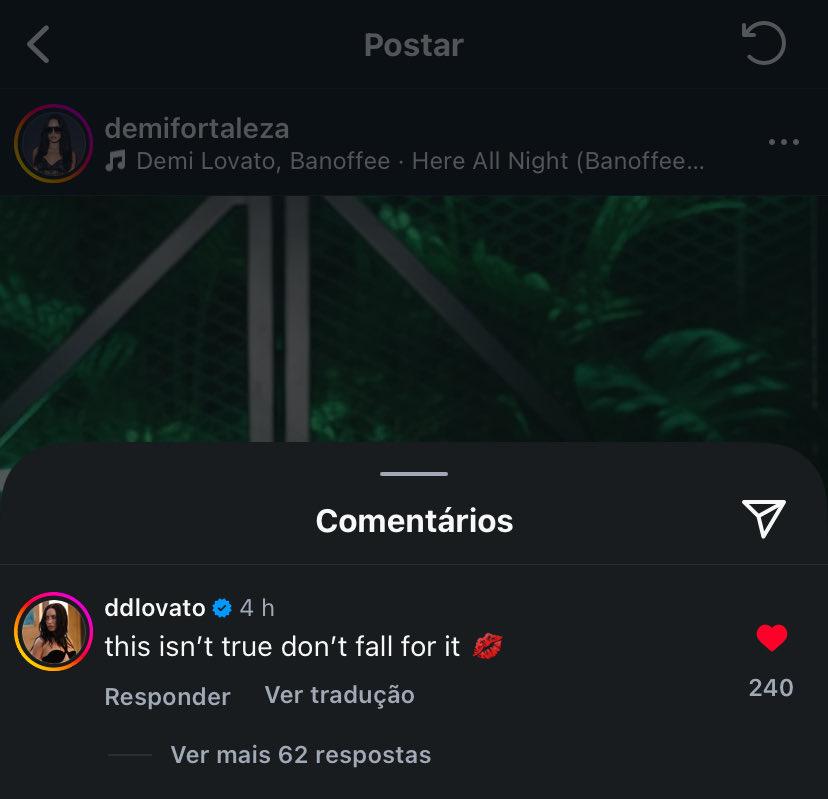 Captura de tela que mostra Demi Lovato respondendo fã-clube que informação sobre vinda dela ao Brasil é mentira.