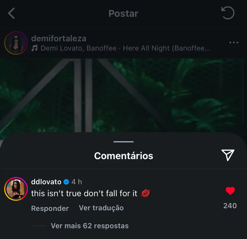 Captura de tela que mostra Demi Lovato respondendo fã-clube que informação sobre vinda dela ao Brasil é mentira.