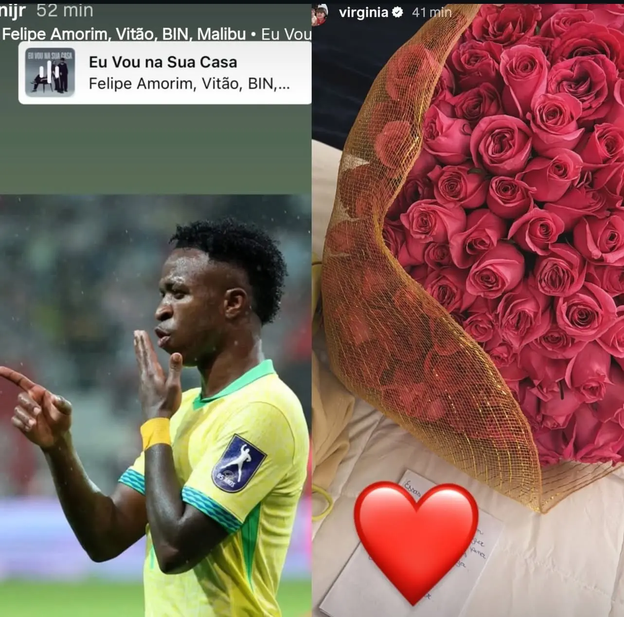Colagem com ambas as fotos. Uma de Vini Jr. mandando beijos para a câmera. Na outra, o buquê de flores postado por Virginia.