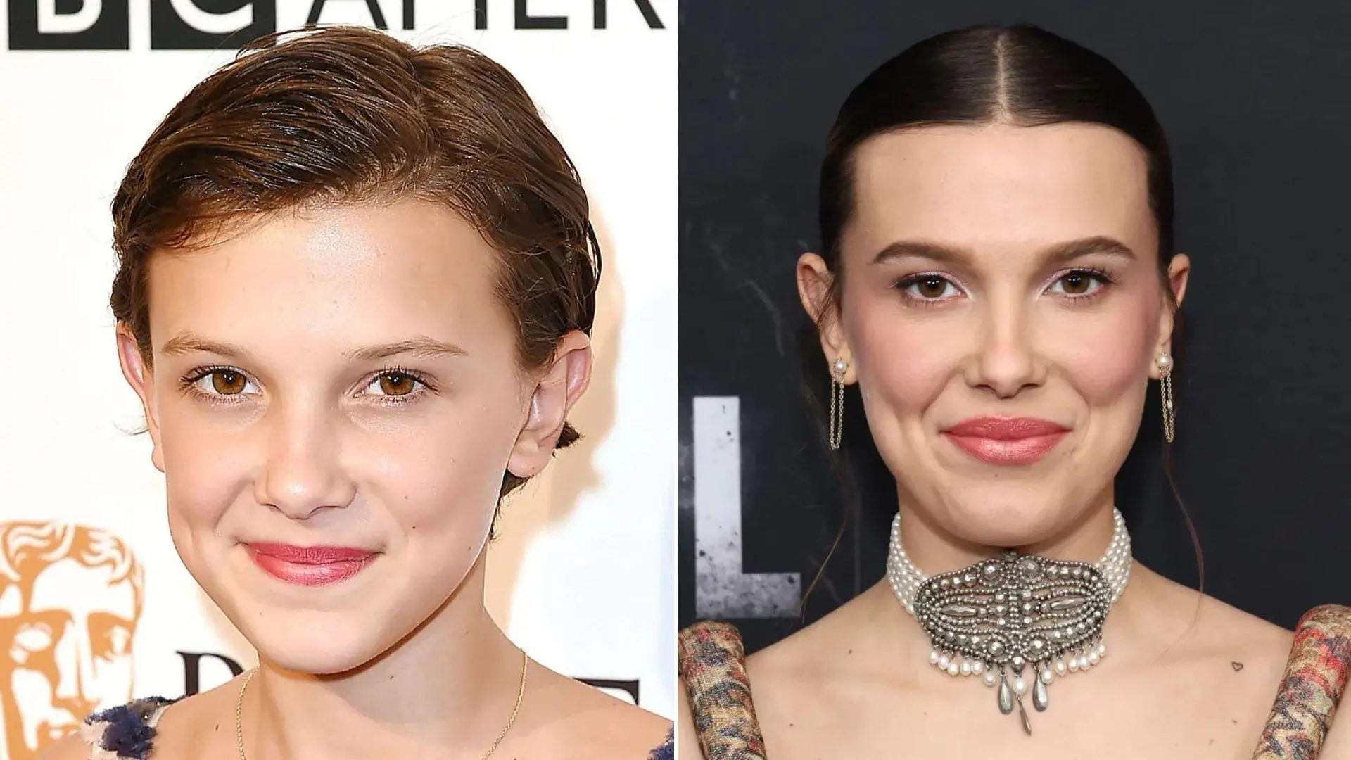 Montagem de duas fotos de Millie Bobby Brown, em 2016 e 2025 para matéria sobre a última temporada de Stranger Things.