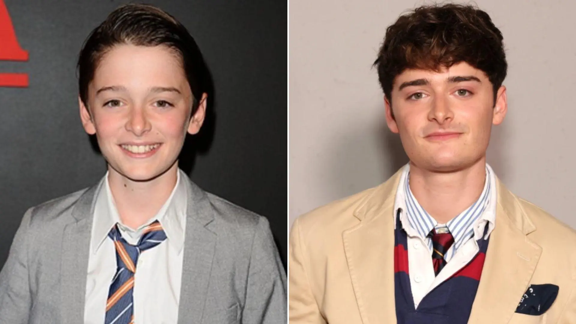 Montagem de fotos do ator Noah Schnapp em 2016 e 2025 para matéria sobre última temporada da série Stranger Things.