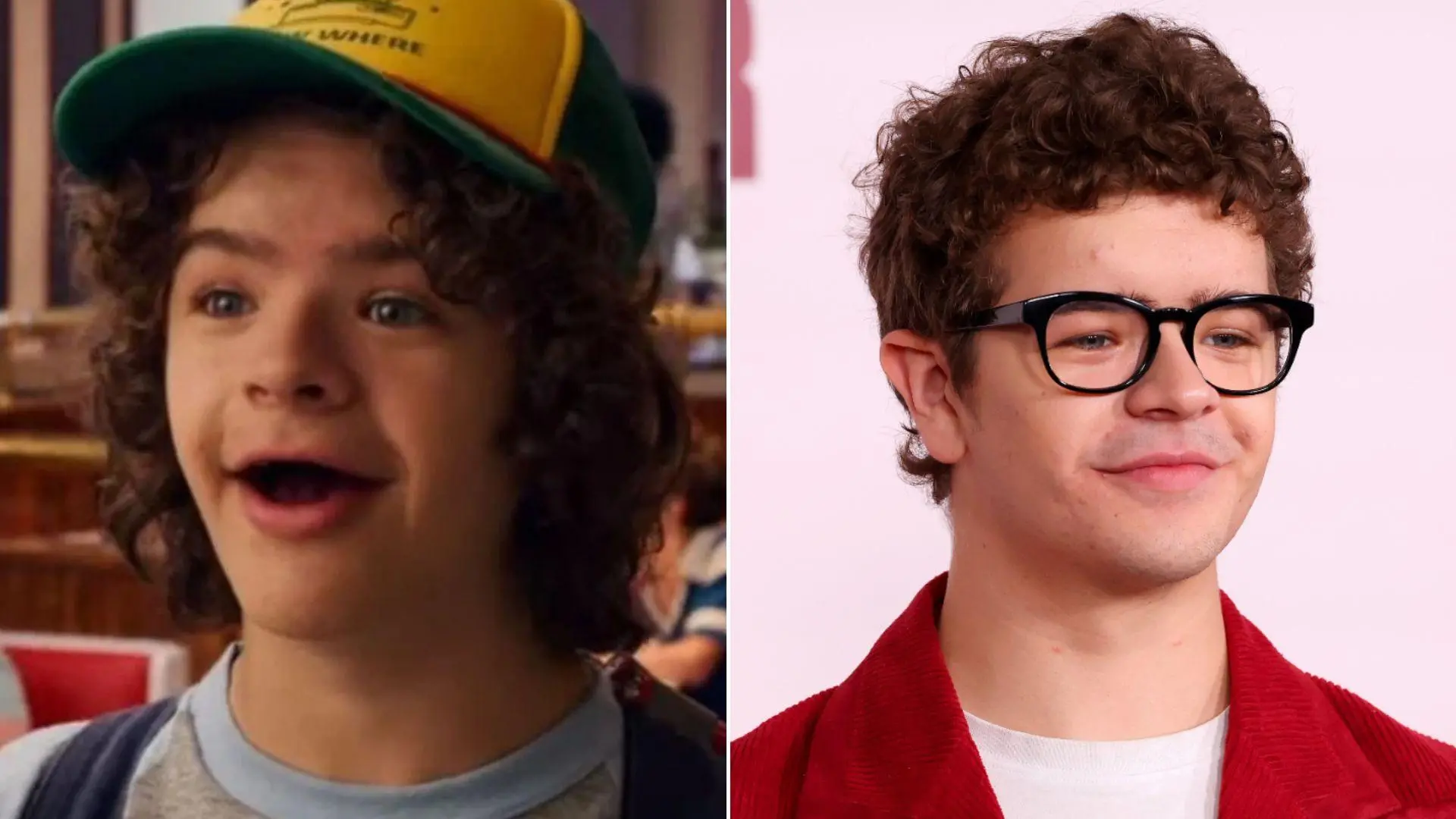Montagem de fotos de Gaten Matarazzo em 2016 e 2025 para matéria sobre a última temporada da série Stranger Things.