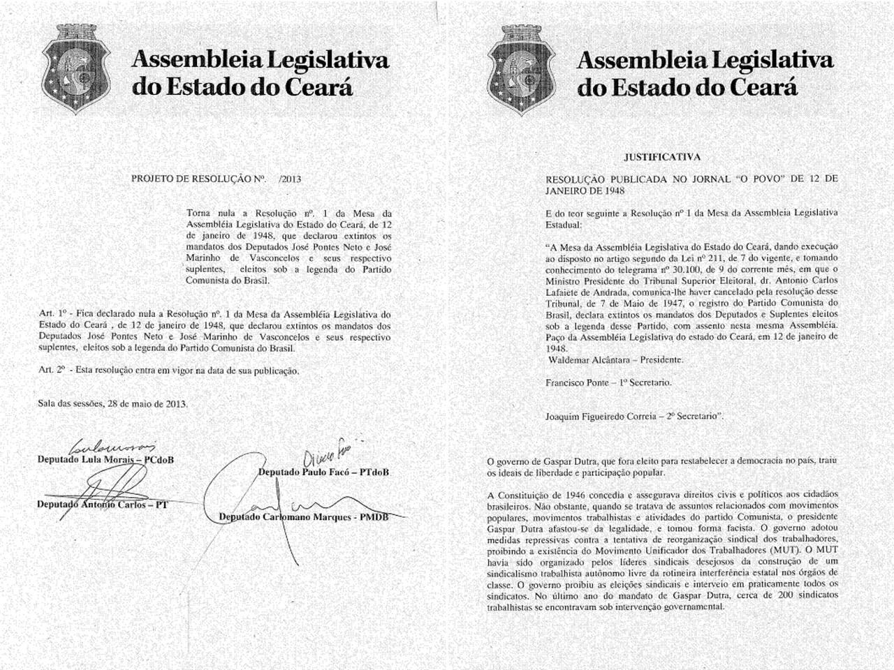 Montagem mostra trechos do projeto que anulou resolução de 1948 que extinguia mandatos de deputados do Partido Comunista (PCB)