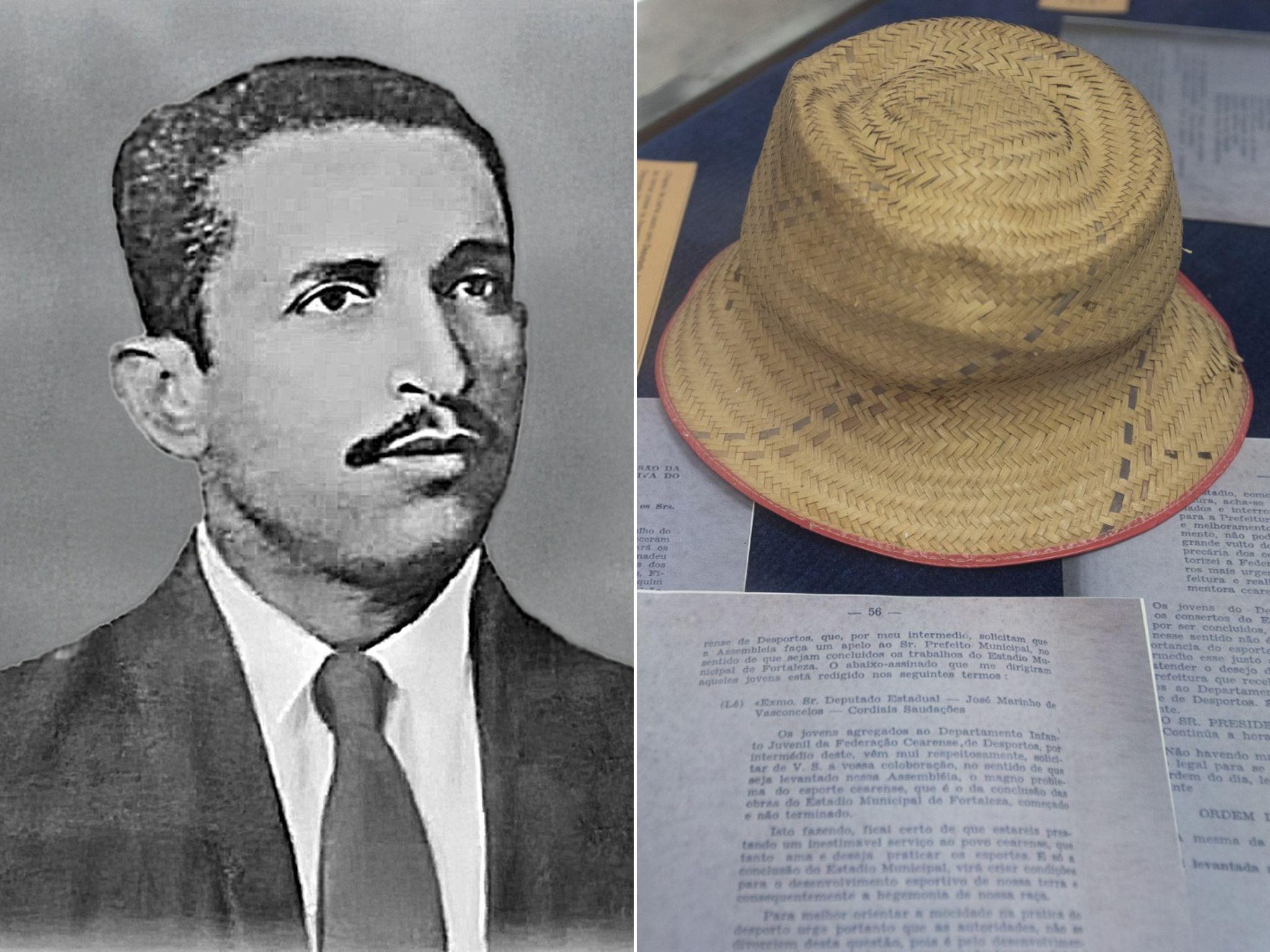 Montagem mostra José Marinho de Vasconcelos e chapéu de palha utilizado na posse