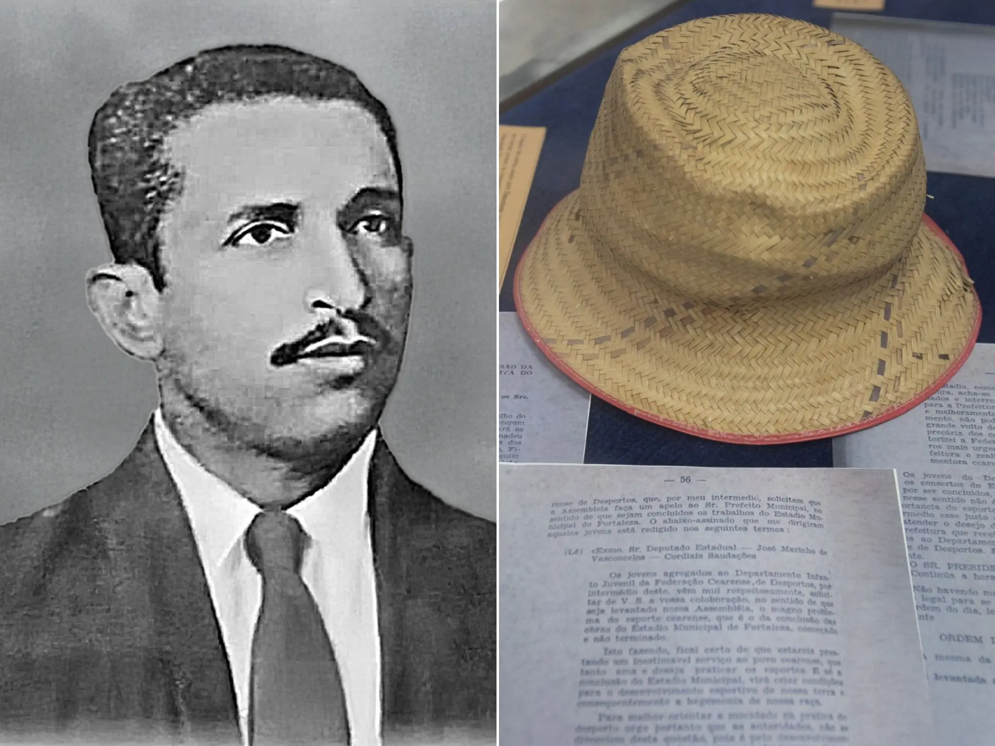 Montagem mostra José Marinho de Vasconcelos e chapéu de palha utilizado na posse