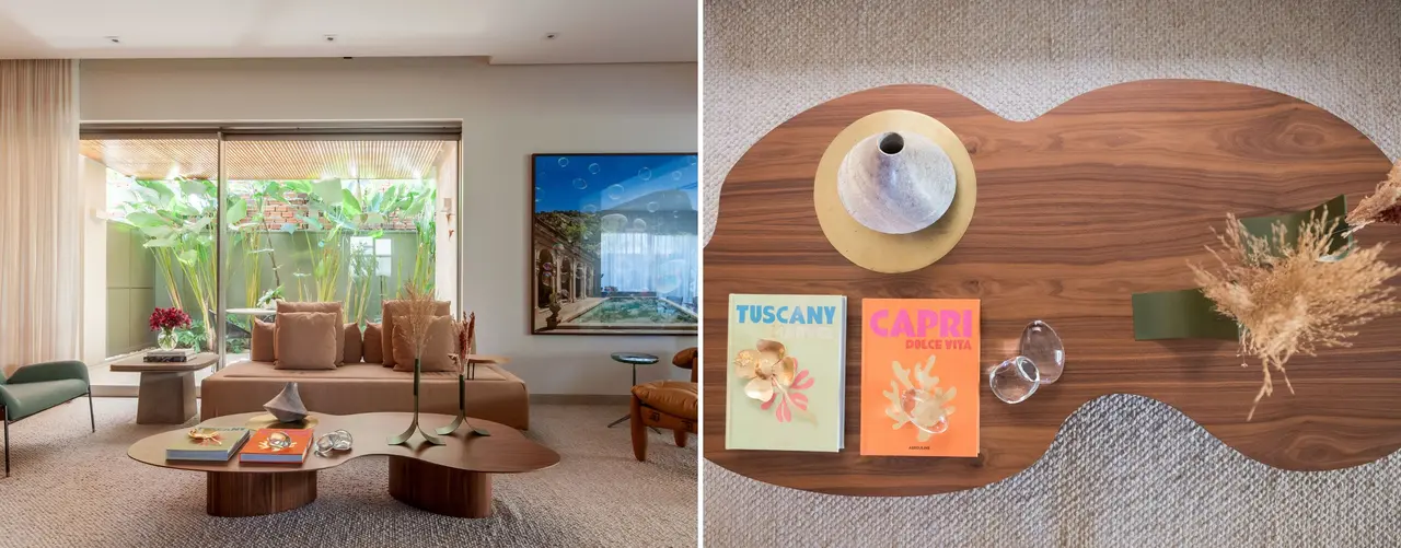 Formato orgânico traz a madeira folha para dentro da casa e remonta aos pilares modernistas encontrados em regiões litorâneas do Brasil