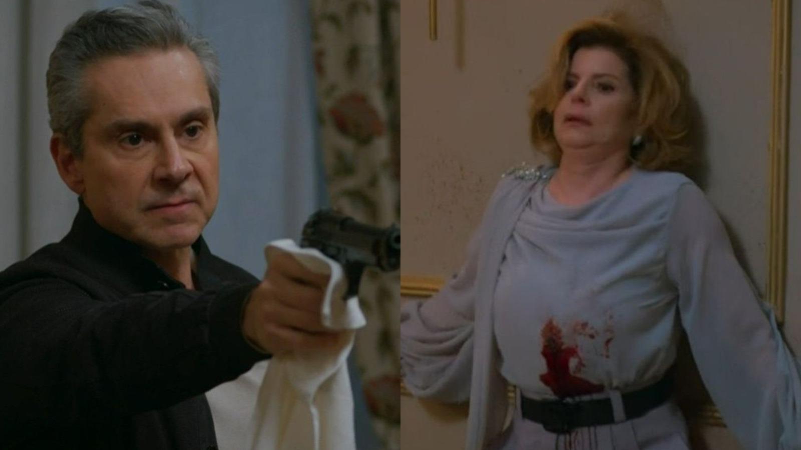 Colagem com duas cenas de Vale Tudo: Marco Aurélio disparando contra Odete, e ela recebendo o tiro.