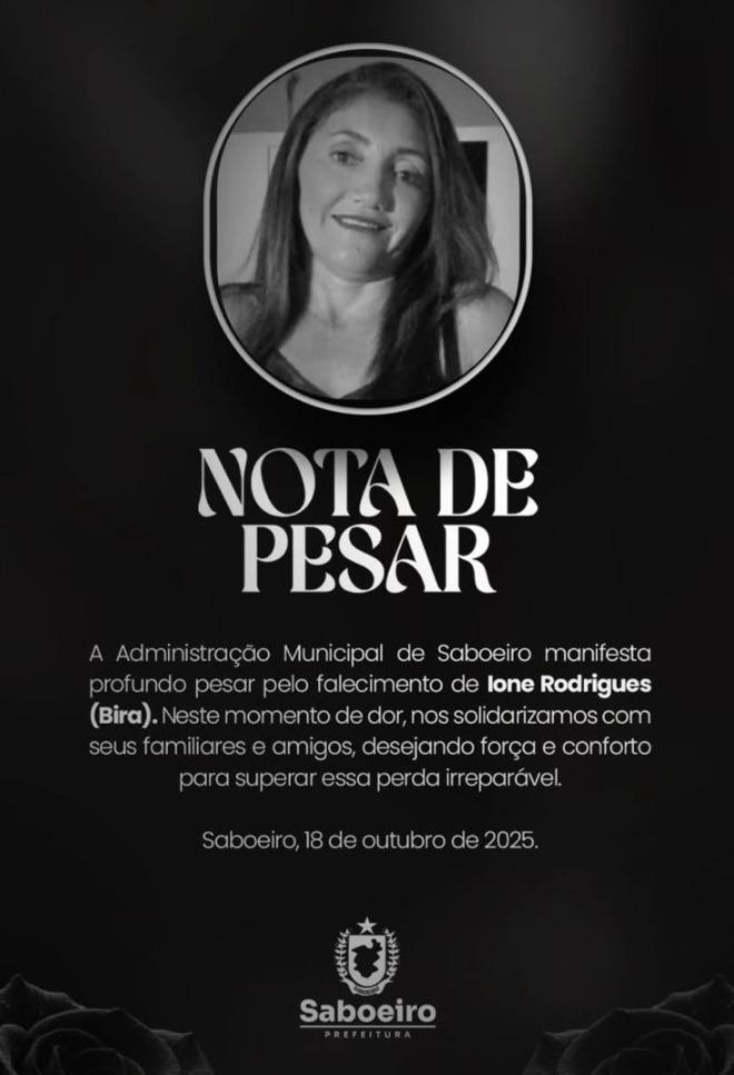 A imagem mostra uma publicação da Prefeitura de Saboeiro nas redes sociais em que lamenta a morte da cozinheira 'Bira'.