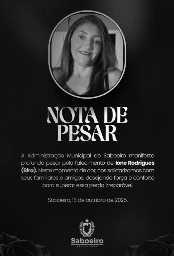 A imagem mostra uma publicação da Prefeitura de Saboeiro nas redes sociais em que lamenta a morte da cozinheira 'Bira'.