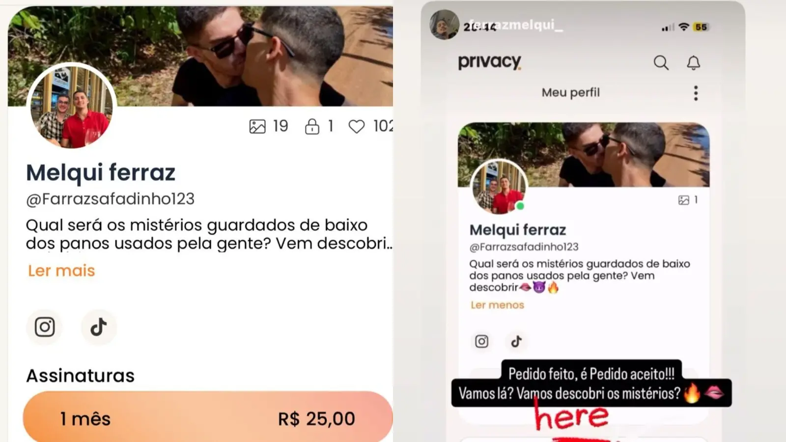 Print da conta do casal no Privacy e da publicação de Denisson anunciando a novidade.